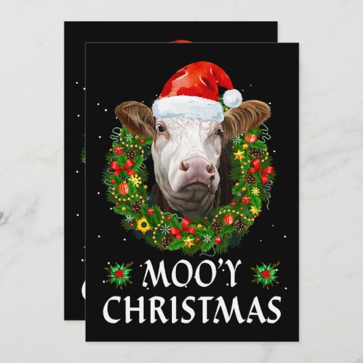 Invitation Funky Moey Noël Wreath Santa Hat Cow Moo Far (Devant / Derrière)