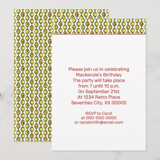Invitation Funky Rétro Perle d'Olive Motif Couleurs Personnal (Devant / Derrière)