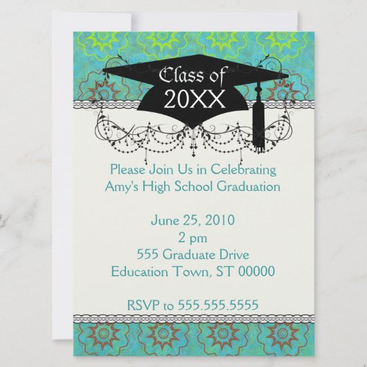 Invitation funky vert shabby chic remise de diplôme (Devant)