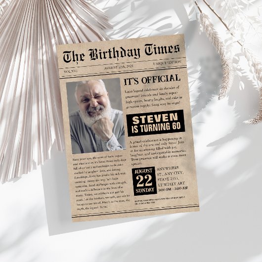 Invitation Funny 60th Birthday Newspaper Cover Photo