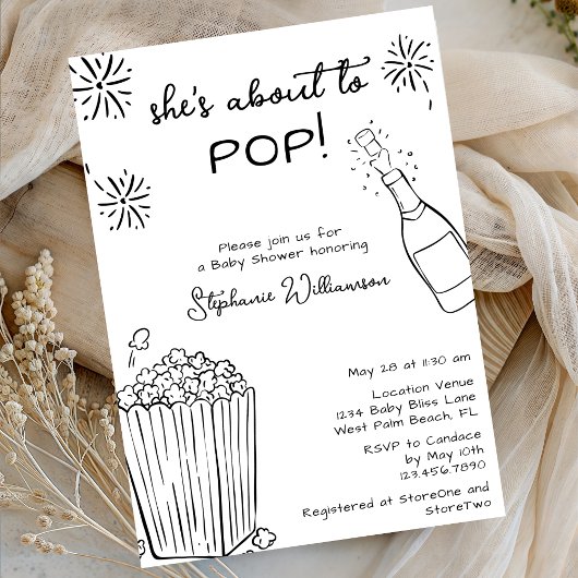 Invitation Funny About To Pop Popcorn Champagne Baby Shower