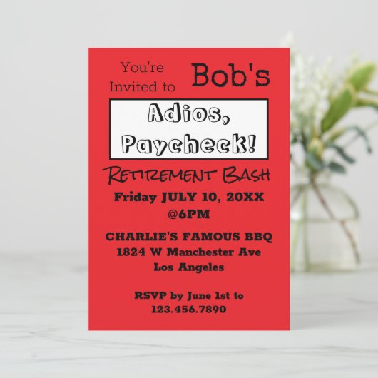 Invitation FUNNY Adios, Paycheck Papa Retraite Party (Debout devant)