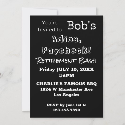 Invitation FUNNY Adios, Paycheck Papa Retraite Party (Devant)