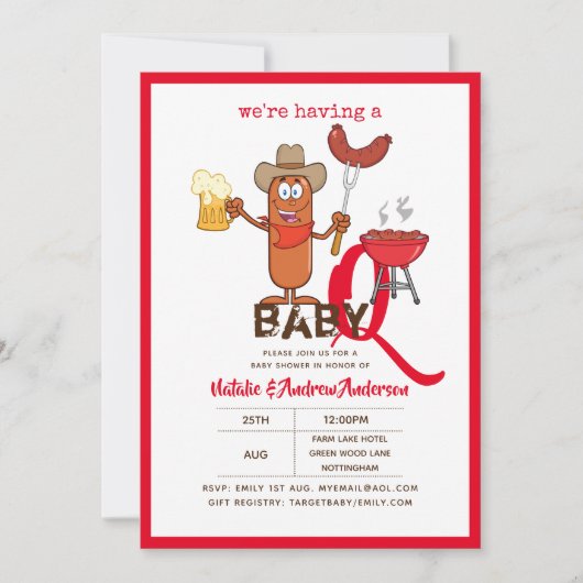 Invitation Funny Baby-Q BBQ Saucage Moderne Garçon Fille (Devant)