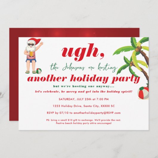 Invitation Funny Beach Noël En Juillet Père Noël Beer Party (Devant / Derrière)