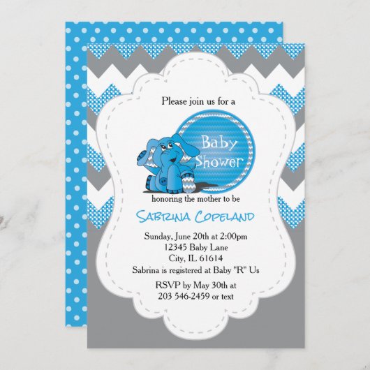Invitation Funny Blue Chevron Silly Elephant | Baby shower (Devant / Derrière)