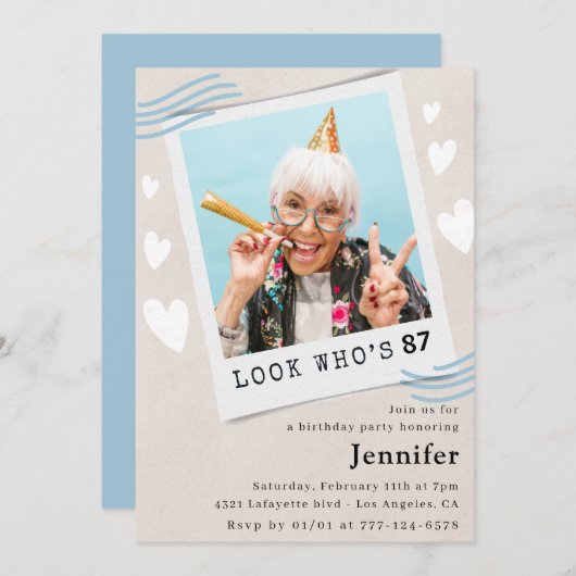 Invitation Funny Blue Look qui est 87 Photo 87e anniversaire (Devant / Derrière)