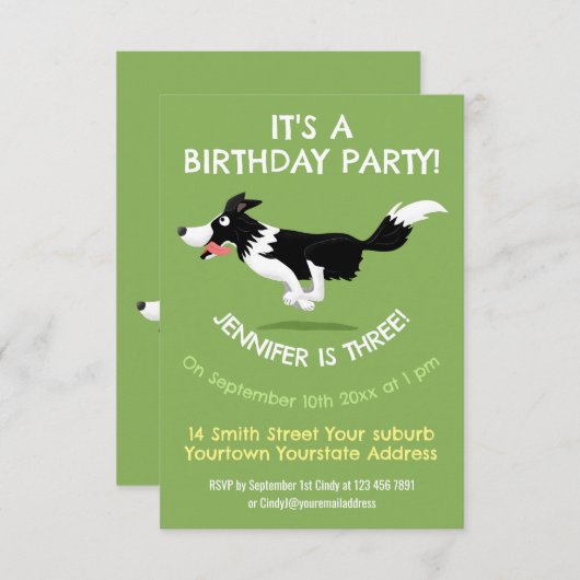 Invitation Funny Border Collie chien en course dessin animé (Devant / Derrière)