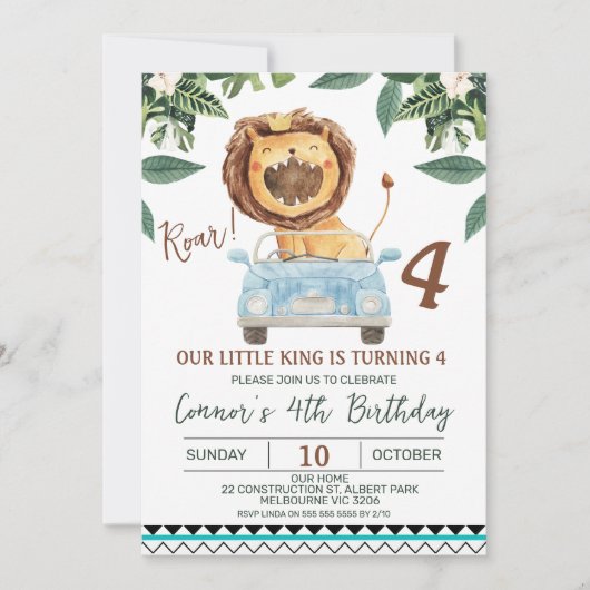 Invitation Funny Boys Roar Lion Crown King 4e anniversaire (Devant)