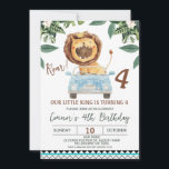 Invitation Funny Boys Roar Lion Crown King 4e anniversaire<br><div class="desc">Funny Boys Roar Lion Crown King 4th Birthday Invitation Cute et drôle petit garçon de notre petit roi lion thème quatrième anniversaire invitation avec un lion rugissant,  couronne,  voiture bleue et feuillage de jungle tropicale. Ce petit roi tourne l'invitation de 4 ans avec un motif tribal.</div>