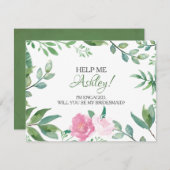 Invitation Funny BRIDESMAID PROPOSAL card, Rose rose verte (Devant / Derrière)