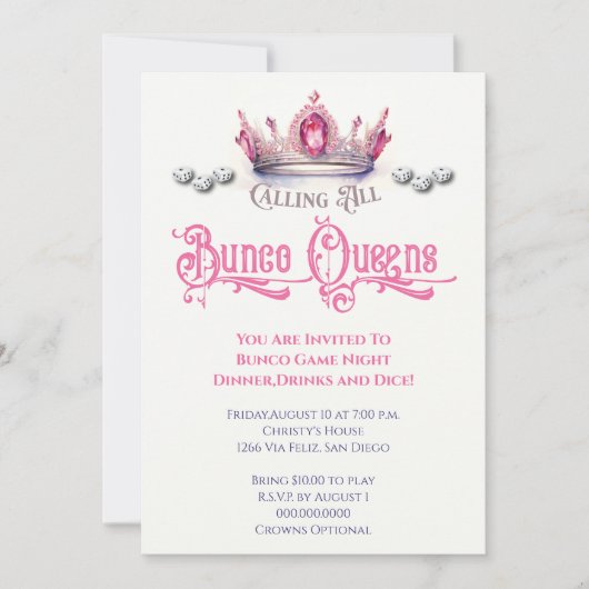 Invitation Funny Bunco Queen Game Party (Devant)