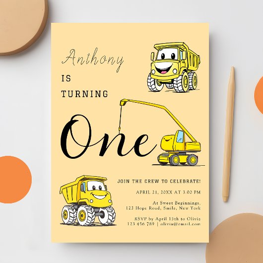 Invitation Funny Camions de construction 1er anniversaire
