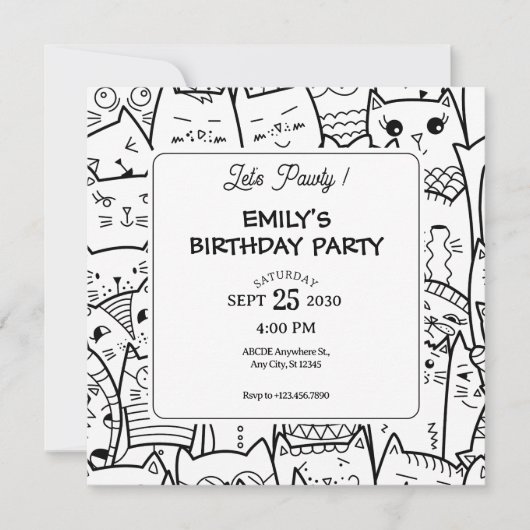 Invitation Funny Cats doodle motif anniversaire (Devant)