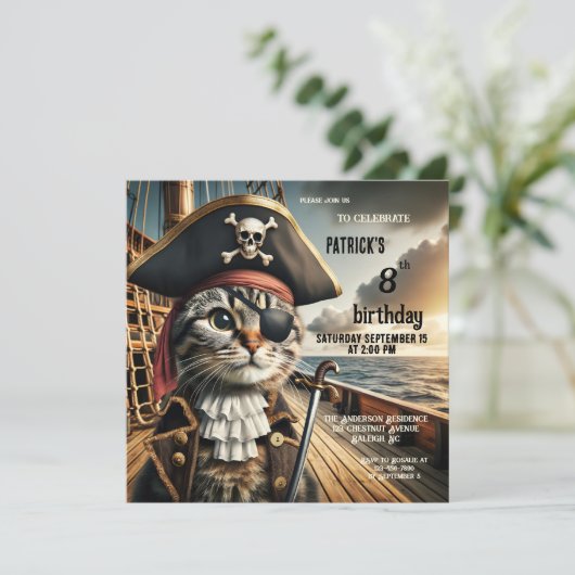 Invitation Funny Chat Pirate Anniversaire (Debout devant)