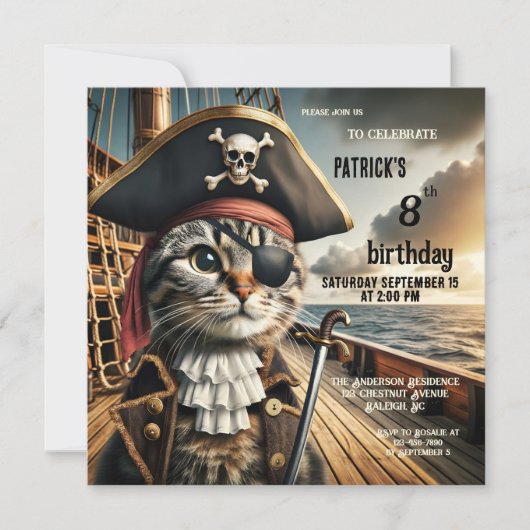Invitation Funny Chat Pirate Anniversaire (Devant)