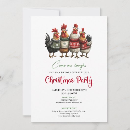 Invitation Funny Chickens Minimalist Red Green Holiday Invite (Devant)