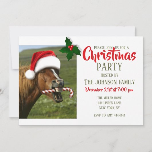 Invitation Funny Christmas horse with Santa a smiling (Devant)