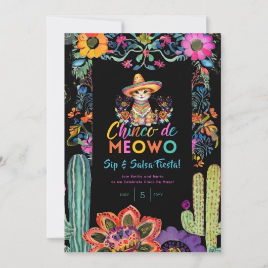 Invitation Funny Cinco De Mayo Sip and Salsa Cat FIESTA (Devant)