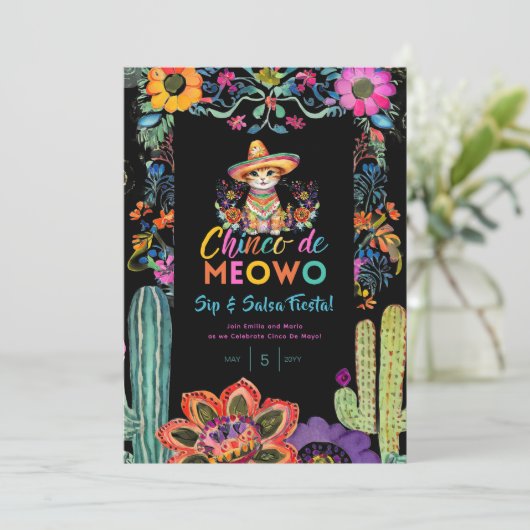 Invitation Funny Cinco De Mayo Sip and Salsa Cat FIESTA (Debout devant)