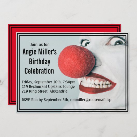 Invitation Funny Clown visage moderne Anniversaire (Devant / Derrière)