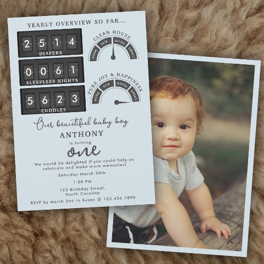 Invitation Funny First Birthday Baby Boy Cute Stats Photo