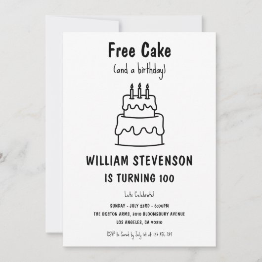 Invitation Funny Free Cake Joke Simple Quirky 100e anniversai (Devant)