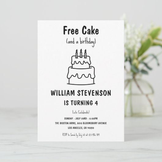 Invitation Funny Free Cake Joke Simple Quirky 4e anniversaire (Debout devant)
