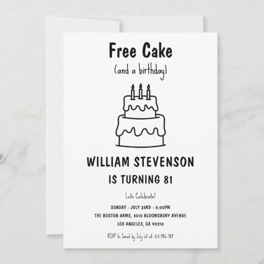 Invitation Funny Free Cake Joke Simple Quirky 81e anniversair (Devant)