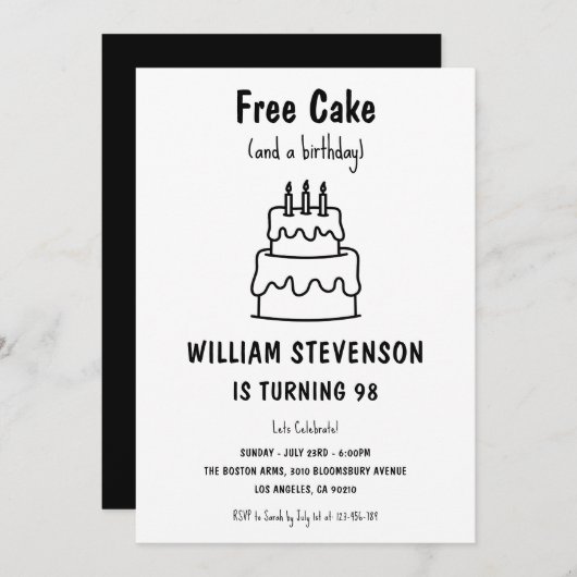 Invitation Funny Free Cake Joke Simple Quirky 98e anniversair (Devant / Derrière)