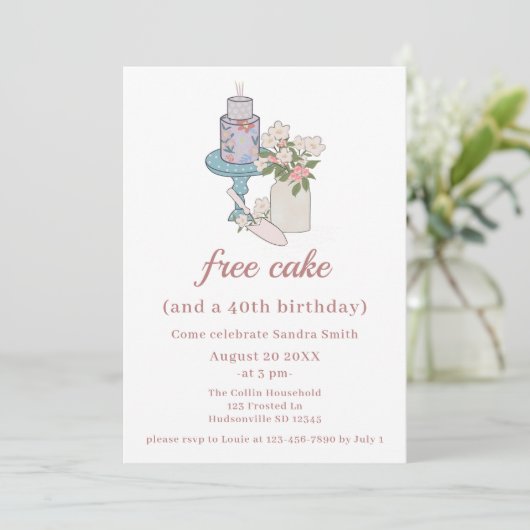 Invitation Funny Free Cake Womens 40e anniversaire (Debout devant)
