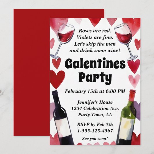 Invitation Funny Galentine Wine Hearts Girls Night (Devant / Derrière)