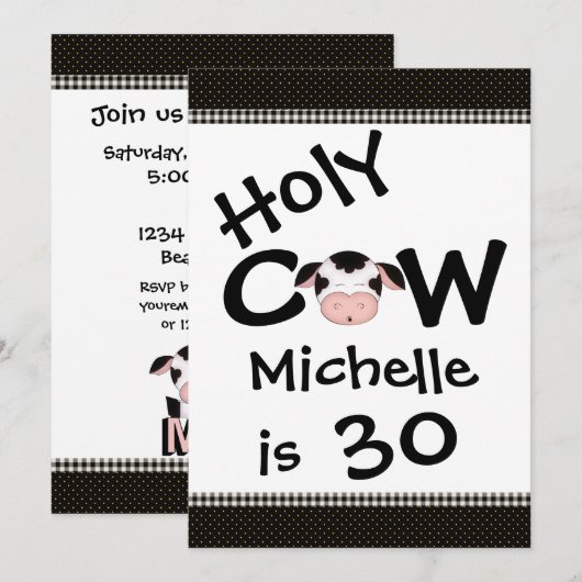 Invitation Funny Holy Cow 30th humoristique Noir, Blanc Anniv (Devant / Derrière)