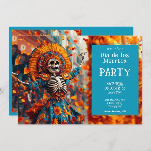 Invitation 💀 Funny La Calavera en robe fleurie (Devant / Derrière)