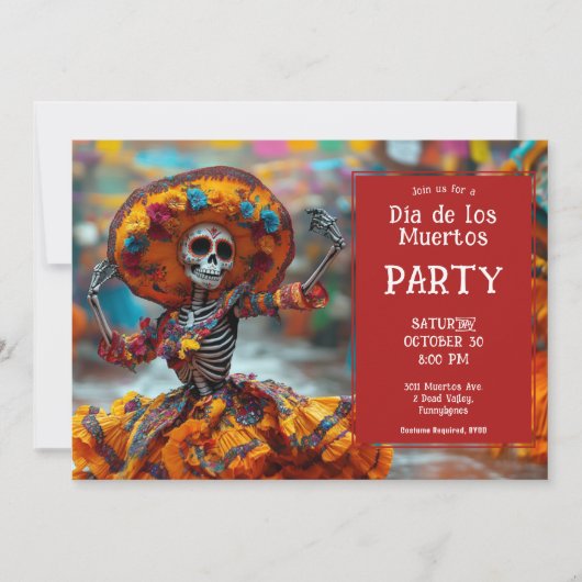 Invitation 💀 Funny La Calavera en robe orange (Devant)