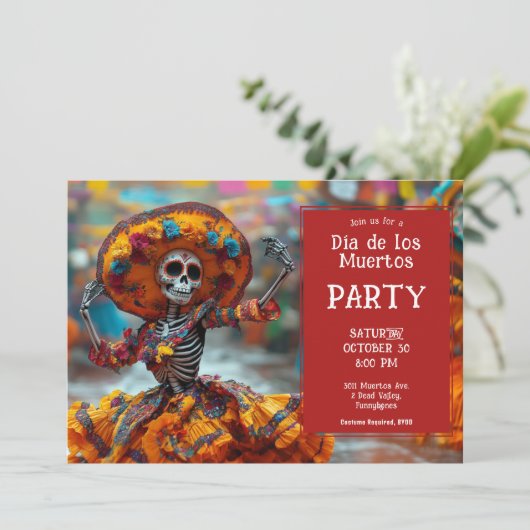 Invitation 💀 Funny La Calavera en robe orange (Debout devant)