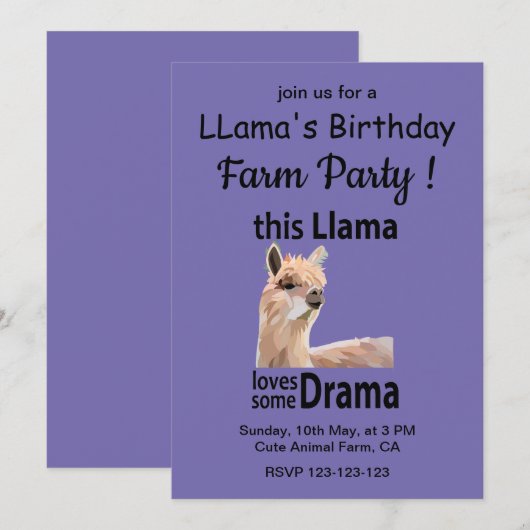 Invitation Funny Llama Animal Anniversaire de la ferme (Devant / Derrière)