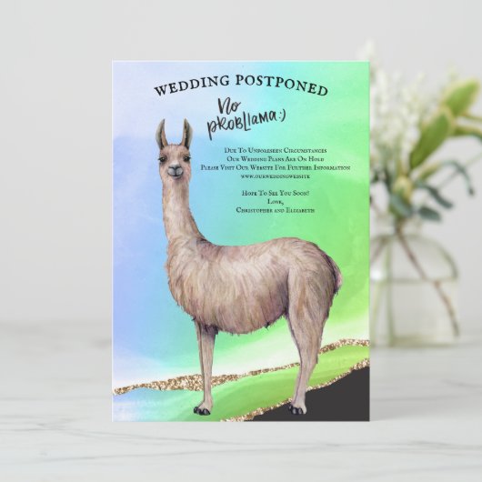 Invitation Funny Llama Parties scintillant Mariage aquarellé (Debout devant)