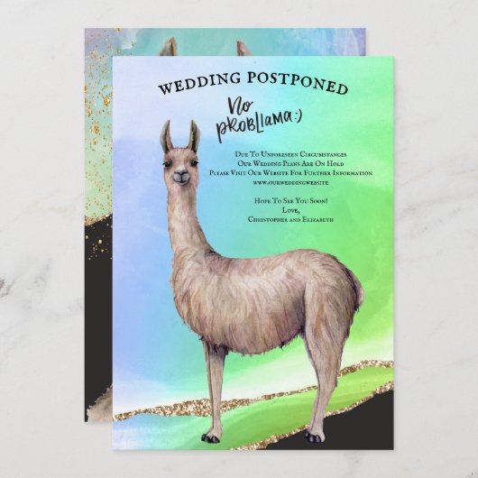 Invitation Funny Llama Parties scintillant Mariage aquarellé (Devant / Derrière)