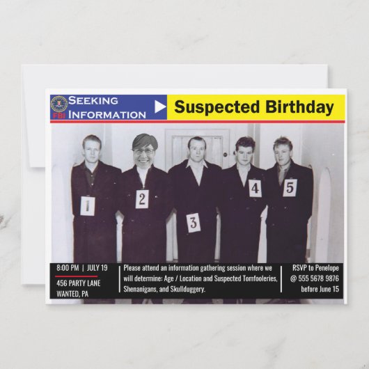 Invitation Funny Mens Birthday Police Line UP Noir et blanc (Devant)
