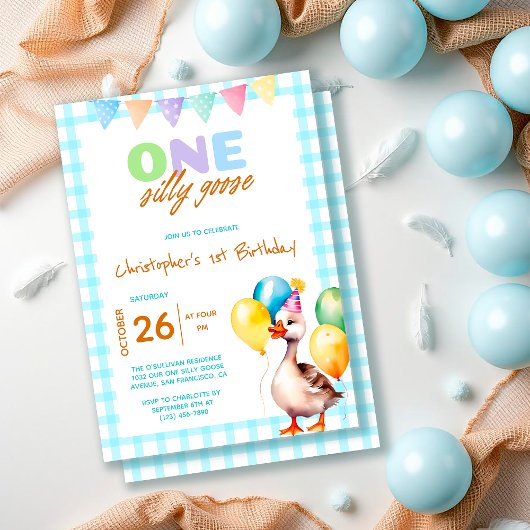 Invitation Funny One Silly Goose Blue Boy 1er anniversaire