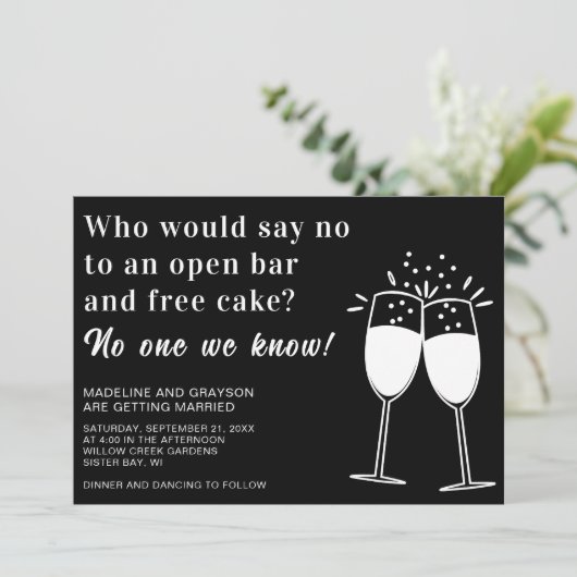 Invitation Funny Open Bar Free Cake Mariage Décontracté (Debout devant)