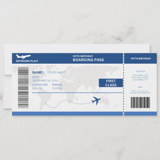 Invitation Funny passport, boarding pass ticket 5th birthday (Devant)