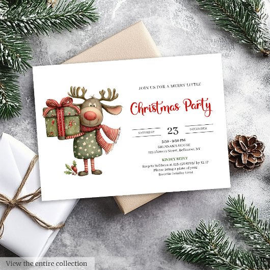 Invitation Funny Reindeer red green printable Christmas 