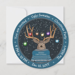 Invitation Funny Reindeer Tangled Lumières Bleu laide doux