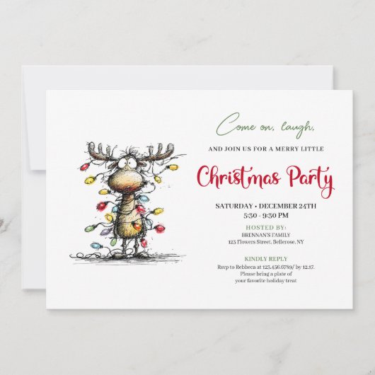 Invitation Funny Reindeer Watercolor Christmas Party Card (Devant)