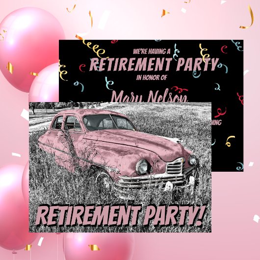 Invitation Funny Retraite Party Antique Voiture rose