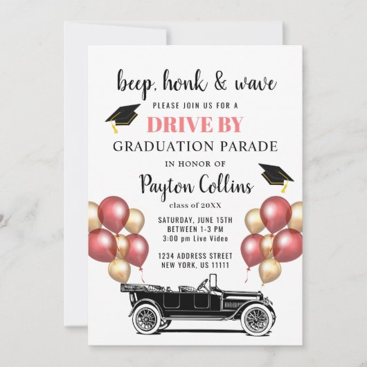 Invitation Funny Retro Car DRIVE PAR PHOTO Graduation Party (Devant)