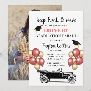Invitation Funny Retro Car DRIVE PAR PHOTO Graduation Party