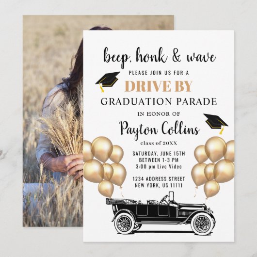Invitation Funny Retro Voiture DRIVE BY PHOTO Graduation Part (Devant / Derrière)